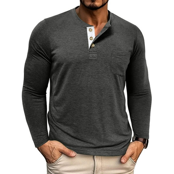 Zedker Mens Casual Lightweight Solid Color Base Henry Shirts Fashion Cozy Button Tops With Pocket,Dark Gray,XL