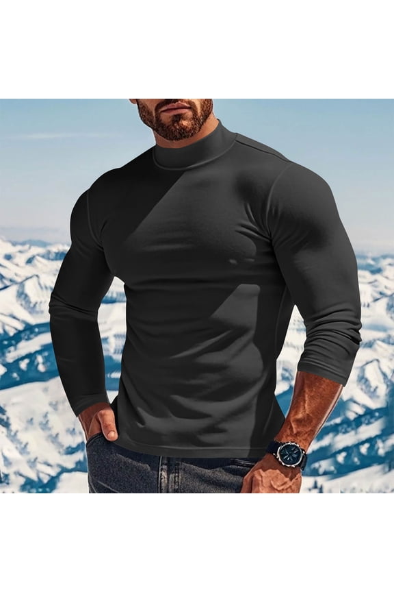 Mens Fall Winter Solid Color Blouse Casual Mid High Collar Long-Sleeved Round Neck Tops,Black,L