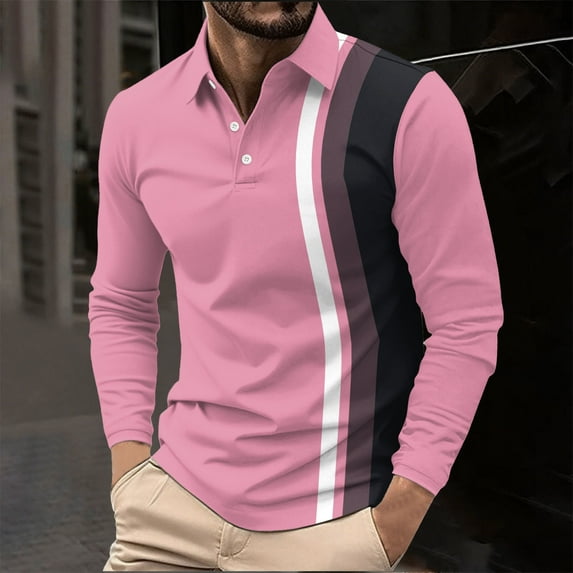 Zedker Mens Fashion Long Sleeve Polo Shirts Casual Golf Slim Shirts Color Patchwork T Shirts Block Cotton Top Pink L