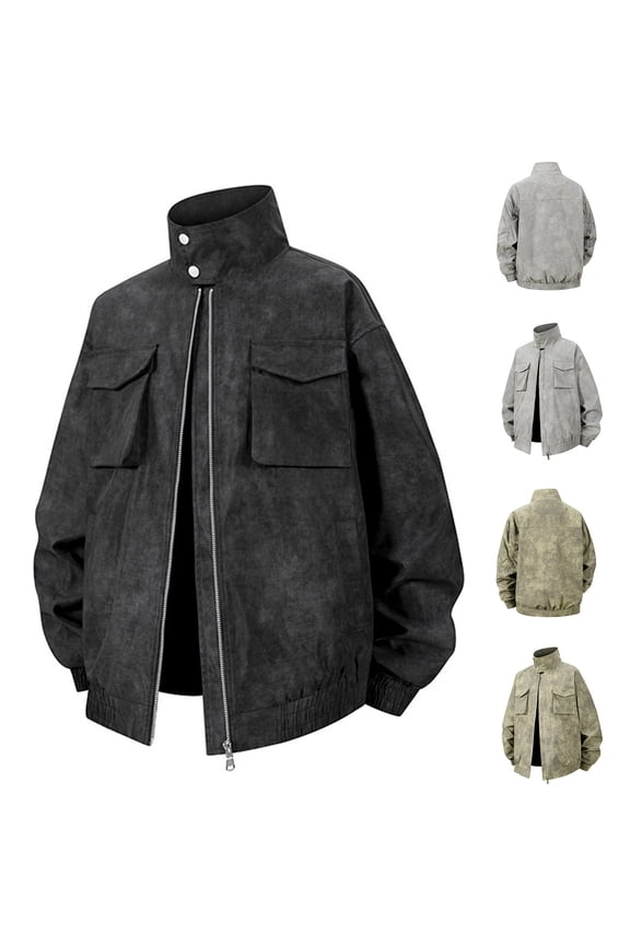 Mens Faux Suede Bomber Jacket Windbreaker Vintage Casual Lightweight Long Sleeve Stand Collar Zip Up Coats Jackets for Men Black L