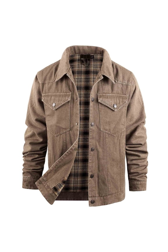 Mens Flannel Lined Denim Jacket Snap Cowboy Cut Western Classic Slim Fit Vintage Heavy Duty Jacket Trucker Coat Brown XL