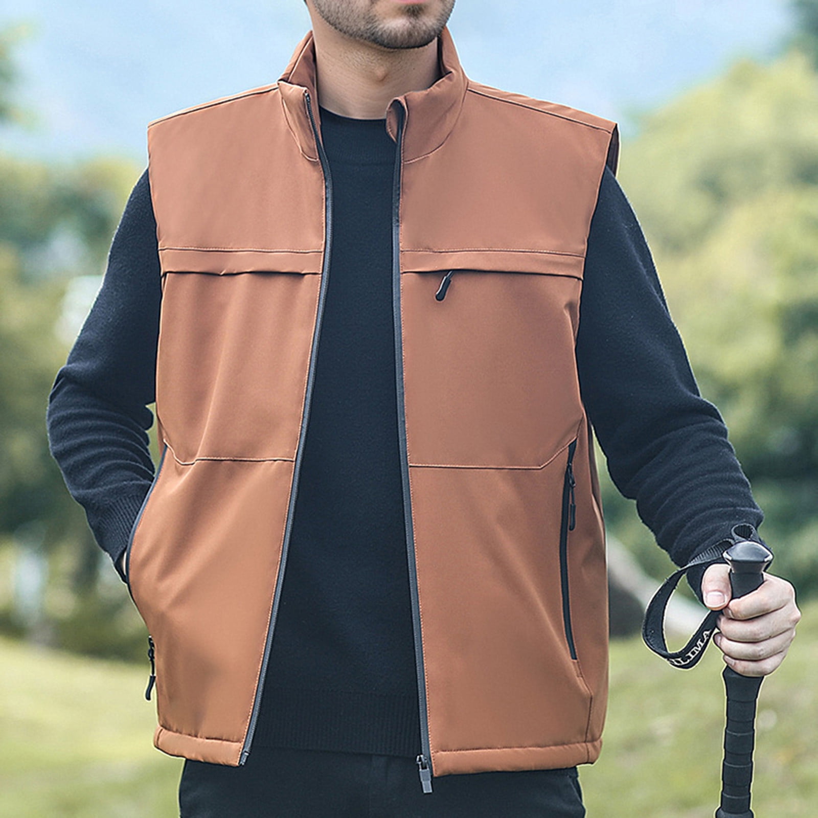 Zedker Mens Fleece Vest Lightweight Outerwear Zip Up Golf Running Sleeveless Vest With Pockets Coffee XXXL