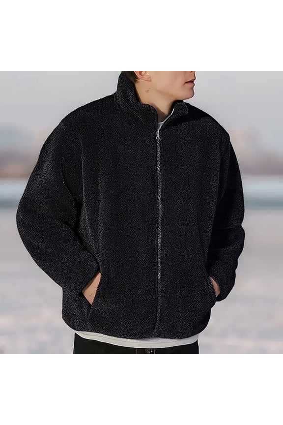 Mens Fluffy Jackets Fleece Fuzzy Hoodies Full Zip Winter Coats Warm Plush Outerwear Coat with Pockets Black XL