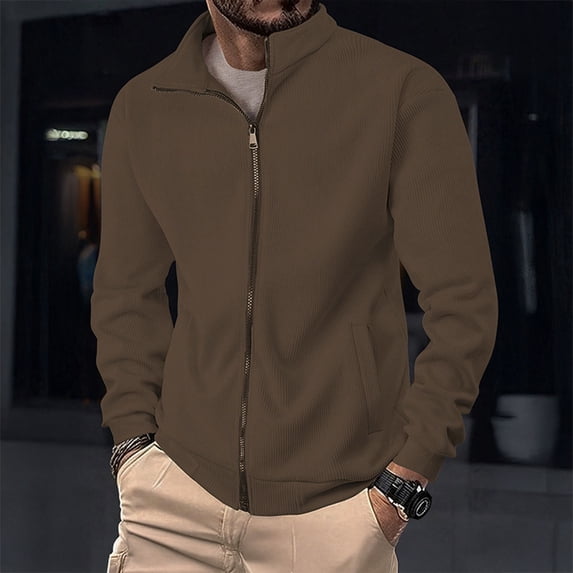Zedker Mens Full Zip Cardigan Sweater Casual Stand Collar Regular Fit Knit Sweater Fall Winter Ribbed Cardigan with Pockets Brown L