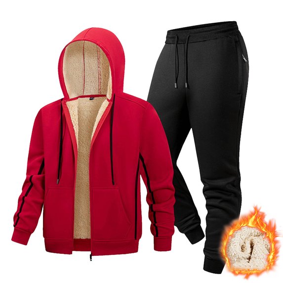 Zedker Mens Hoodies Tracksuit Fleece Lined Zip Up Hoodie Suits Warm Winter Jackets Casual Long Sleeve Sweat Suits Red Plus XL