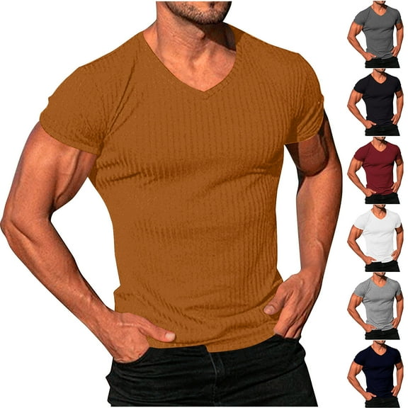 Zedker Mens Knit T Shirts Slim Fit Casual V Neck Short Sleeve Men Fashion Ribbed Knit Vintage Sweater Tee Pullover Shirts
