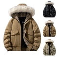 thumbnail image 1 of Zedker Mens Lightweight Puffer Jacket Winter Plaid Lined Down Coat Insulated Windproof Full Zip Jacket with Faux Fur Hood Brown L, 1 of 6