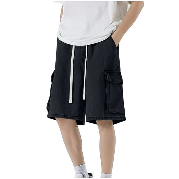 Zedker Mens Loose Denim Cargo Shorts Baggy Casual Wide Leg Mid Jean Zipper Shorts with Pockets Streetwear Black M