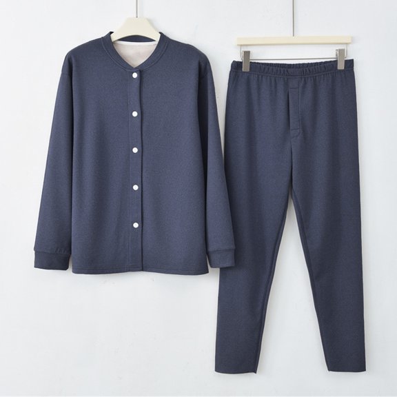 Zedker Mens Pajamas Set Casual Crewneck Long Sleeve Button Top and Elastic Waist Straight-Leg Long Pant Comfy Stretchy Sleepwear,Navy,XXXL