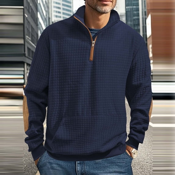 Zedker Mens Quarter Zip Casual Sweatshirt Long Sleeve Waffle Pullover Hoodies Mock Neck Knit Sweater with Pocket Navy XL
