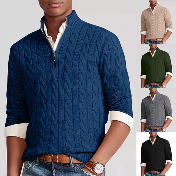 Zedker Mens Quarter Zip Sweater Cable Knitted Pullover Sweaters Textured Solid Colors Sweater Gray L