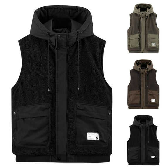 Zedker Mens Spring Fall Winter Hooded Puffer Vest Lightweight Stand Collar Quilted Hood Sleeveless Jackets with Pocket Brown M
