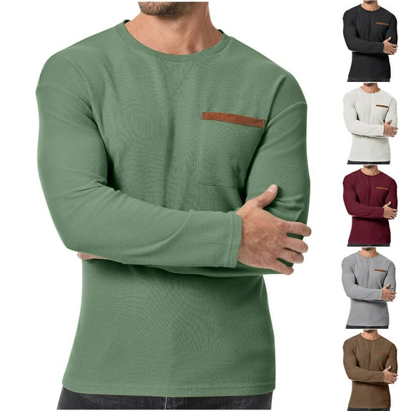 Zedker Mens Thermal Waffle Shirt Lightweight Round Neck Long Sleeve Tops Casual Slim Fit Athletic Sport Blouses with Pocket