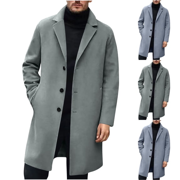 Zedker Mens Trench Coat Long Casual Single Brested Overcoat Winter Notched Collar Wool Blend Pea coat with Pockets Gray L