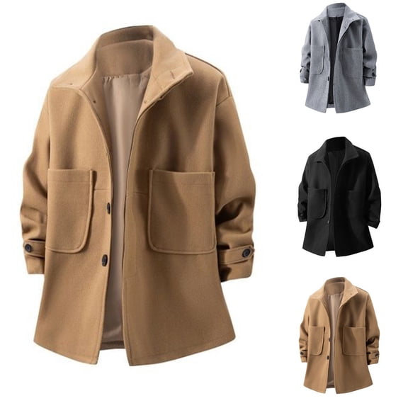 Zedker Mens Trench Pea Coats Single Breasted Stand Collar Casual Slim Fit Trench Coat Mid Long Winter Overcoat with Pockets Black XXXXL