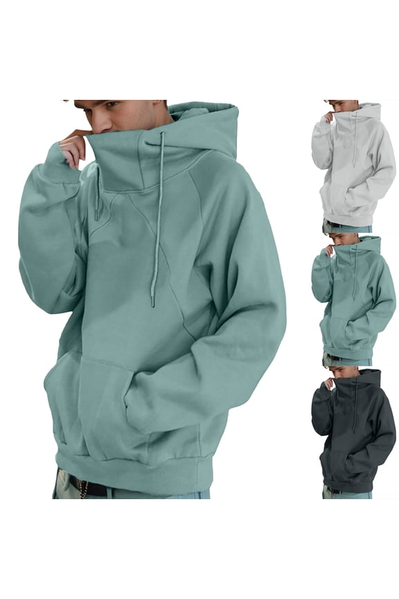 Mens Turtleneck Hoodies Jacket Cowl Neck Hooded Sweatshirts Casual Oversized Pullover Fall Winter Hoodie Sweater Green XXL