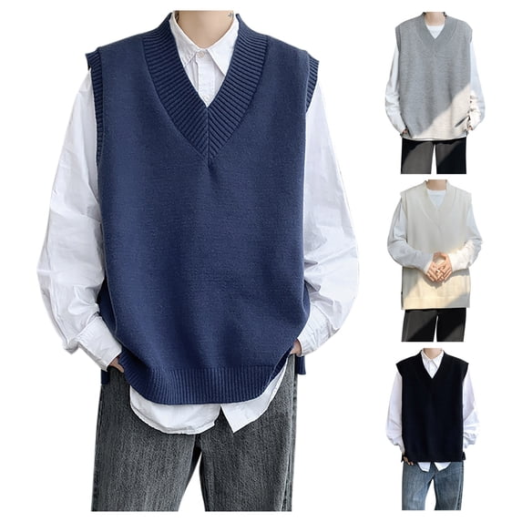 Zedker Mens V-Neck Knitted Sweater Vest for Men Solid Plain Sleeveless Pullover Knitwear Heated Vest for Men Blue XXXL