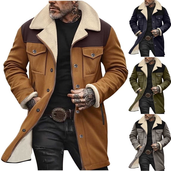 Zedker Mens Vintage Suede Jackets Western Cowboy Plush Collar Coats Casual Faux Leather Winter Clothes Zip Up Retro Tops Gray XXL