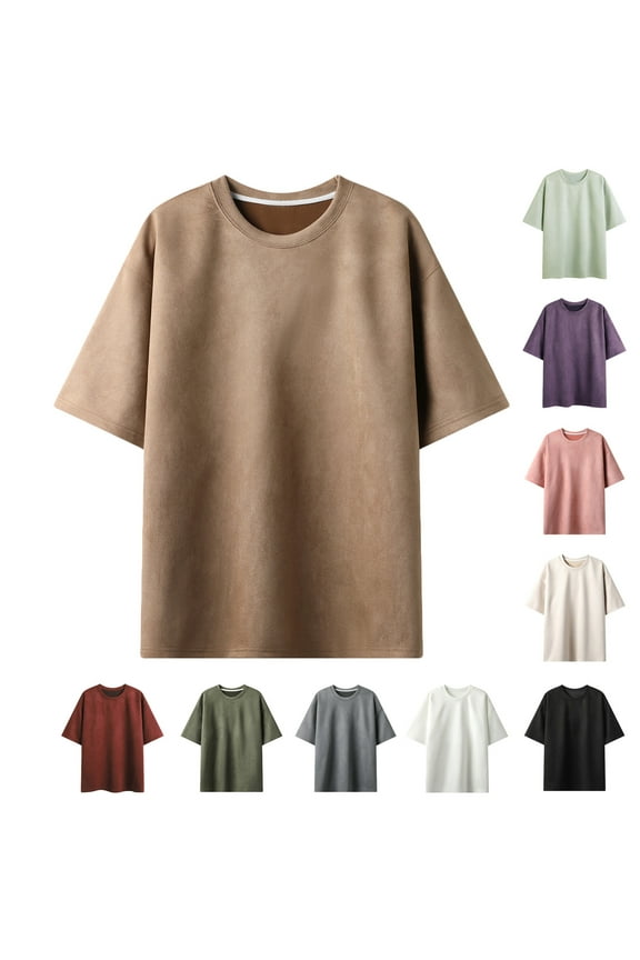 Mens Vintage Suede T Shirt Round Neck Drop Shoulder Pullover Tops Solid Color Short Sleeve Tee Oversized Summer Top