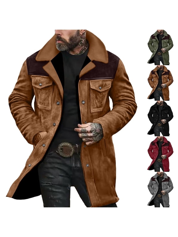 Mens Western Cowboy Vintage Suede Jacket Plush Collar Coats Faux Leather Winter Long Jackets Men Zip Up Casual Retro Winter Tops Green L