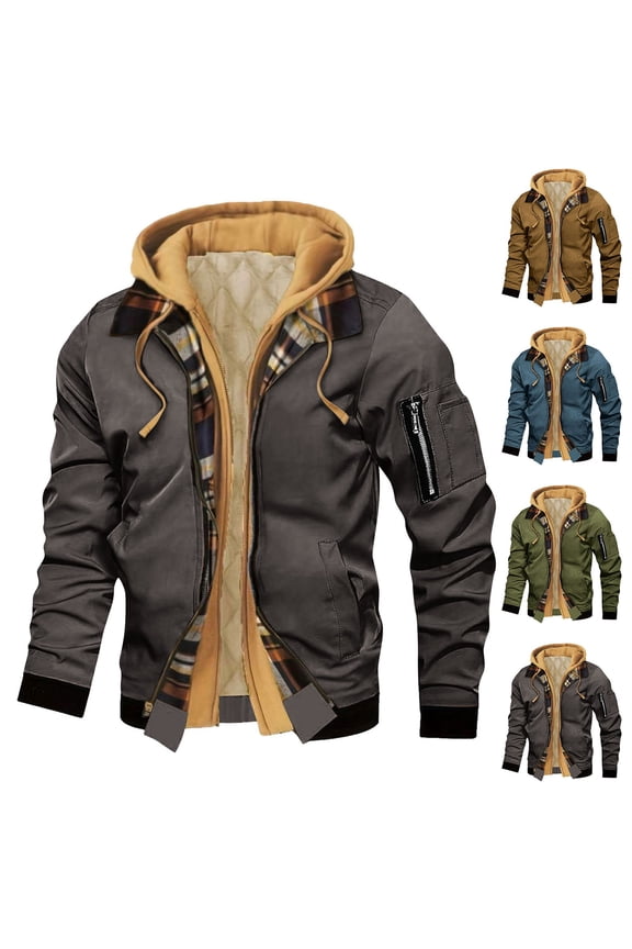 Mens Winter Jacket Fake Two-Piece Splicing Plaid Hooded Coat Windproof Casual Full Zip Up Cargo Jackets with Pockets Gray XXXL