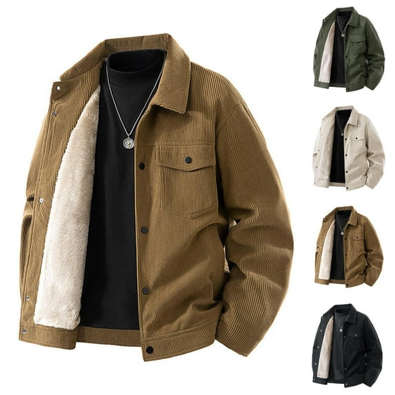 Zedker Mens Winter Jacket Thick Thermal Sherpa Jacket Warm Lapel Fleece Lined Coats Trucker Work Cargo with Multi Pockets Beige L