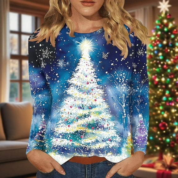 Zedker Merry Christmas Sweaters for Women Faux Fur V Neck Sweatshirts Xmas Graphic Pullover,Plus Size Blue S