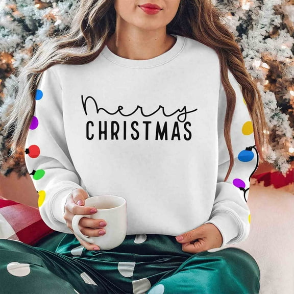 Zedker Merry Sweatshirt for Women Christmas Long Sleeve Sweater Xmas Casual Pullover Tops,Plus Size White XXL
