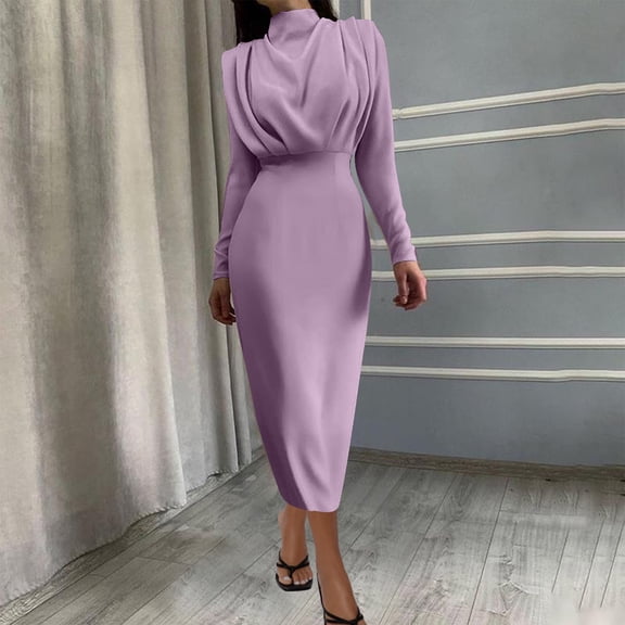 Zedker Mock Neck Vintage Prom Dress Bodycon Pleated Midi Dresses for Women Long Sleeve Bodycon, Plus Size PurpleS