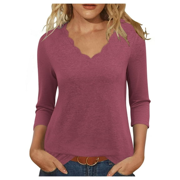 Zedker Novel Wavy Neckline Casual V-Neck 3/4 Sleeve Womens Tops Comfy Springtime Summer Lightweight Stretchy Pullover Tops,Hot Pink,XXL