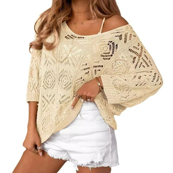 Zedker Off The Shoulder Pullover Sweaters,Casual Women'S Crochet Knitting Tops With Lace Hollow Out And 3/4 Sleeves Womens Blouses,Beige,L
