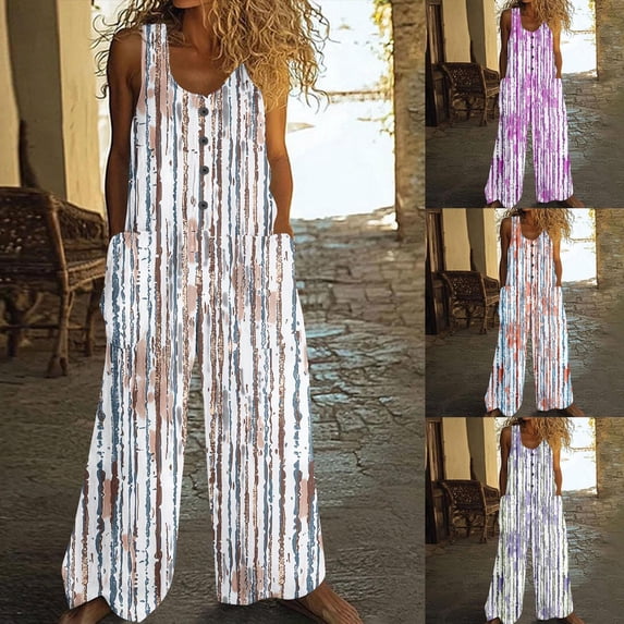 Zedker One Piece Jumpsuits for Women Bohemian Button Wide Leg Overalls Summer Rompers Beach Vacation Jumpers With Pockets 2026 BlueL