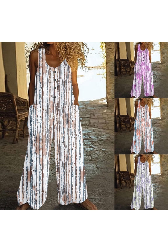 One Piece Jumpsuits for Women Bohemian Button Wide Leg Overalls Summer Rompers Beach Vacation Jumpers With Pockets 2026 BlueXL