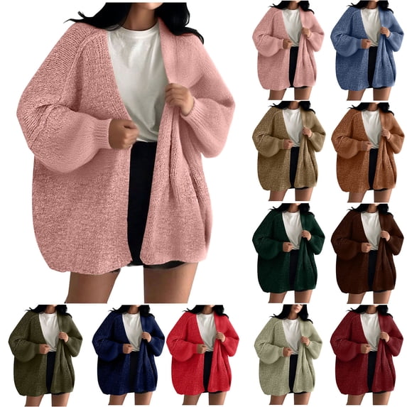 Zedker Oversized Cardigan Sweaters For Women 2025 Fall Long Lantern Sleeve Knit Open Front Lightweight Sweater Red L