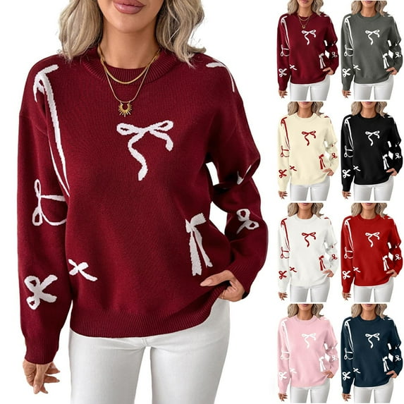 Zedker Oversized Sweaters For Women Long Sleeve Pullover 2025 Casual Cute Bow Chunky Knit Sweaters Red XXL