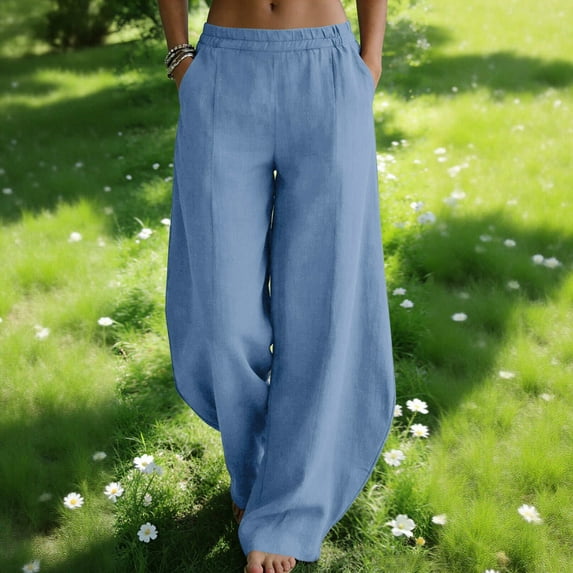 Zedker Oversized Wide-Leg High Waist Pants for Women Springtime and Summer Casual Elastic Waist Loose Long Pants with Pockets,Light Blue,L