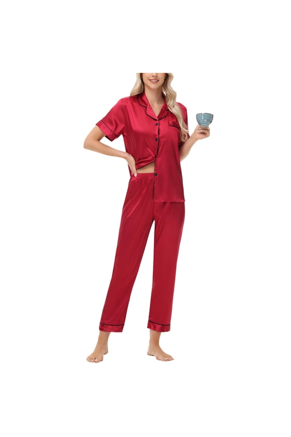 Pajamas for Women Form Nylon Tricot Short Sleeve Matching Sleepwear Set Wine Plus S