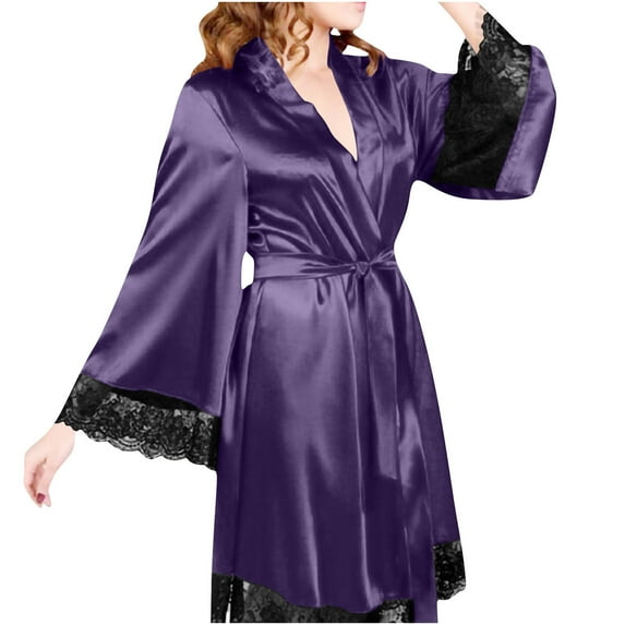 Zedker Pajamas for Women Lace Silk Satin Robe V Neck 3/4 Sleeve Bride Bridesmaid Sleepwear Navy Plus XL