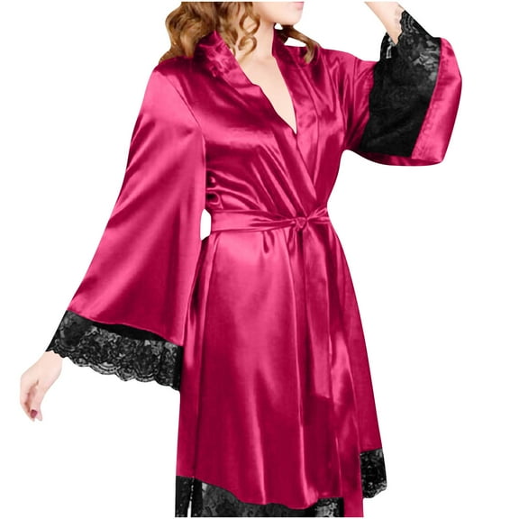 Zedker Pajamas for Women Lace Silk Satin Robe V Neck 3/4 Sleeve Bride Bridesmaid Sleepwear Wine Plus L