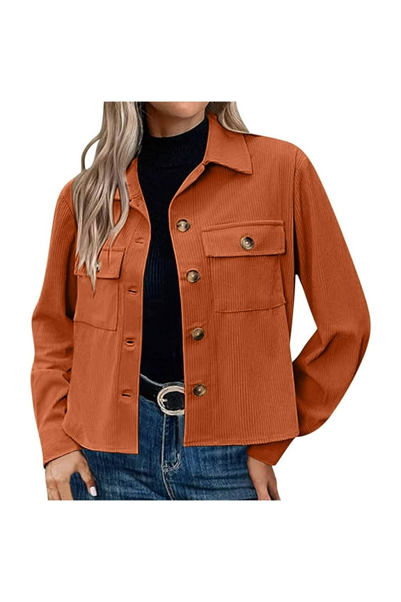 Zedker Corduroy Shirt Women Cropped Button Down Long Sleeve Fall Trendy Fashion Casual Jackets Tops, Plus Size Orange L
