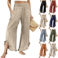 thumbnail image 1 of Zedker Pants for Women 100% Cotton Linen Ruffle Elastic High Waist Drawstring Wide Leg Cropped Mineral Wash Lounge Pants with Side Pockets Casual Trousers Beige XXL, 1 of 6
