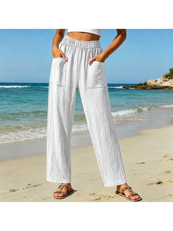 Pants for Women High Waisted Straight Pant 2026 Casual Flowy Wide Leg Drawstring Trousers with Pockets White M