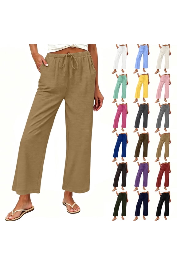 Pants for Women High Waisted Wide Leg Trousers 2026 Summer Palazzo Casual Pant Flowy Drawstring Beach Pants Gray XXL