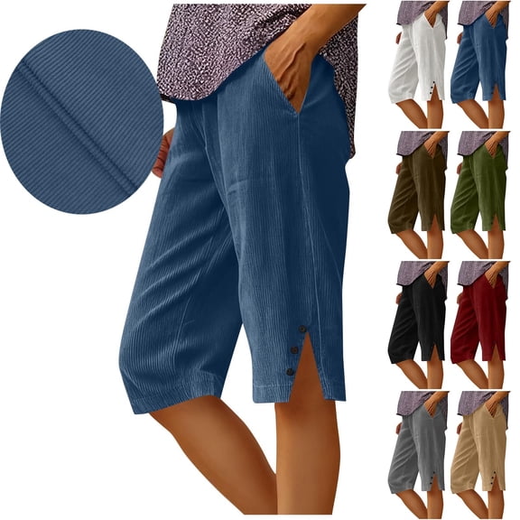 Zedker Pants for Women Summer And Linen Solid Color Loose Straight Leg Pants With Pockets Side Slit Buttons Quarter Pants Army Green S