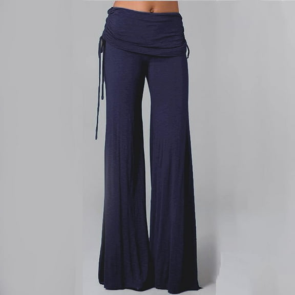Zedker Pants for Women Wide Leg with Fold-Over Waist Tready Casual Style Navy Plus S