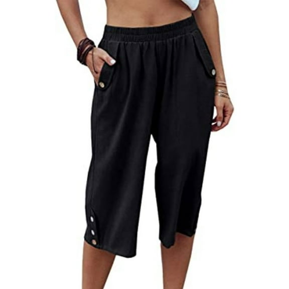 Zedker Pants for women Casual Elastic Waist 3/4 Wide Leg Summer Solid Trousers with PocketsBlack Plus L