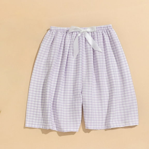 Zedker Plaid Prints Shorts for Women Casual High Waist Drawstring Loose Comfy Super Soft Shorts for Springtime and Summer,Purple,Free Size