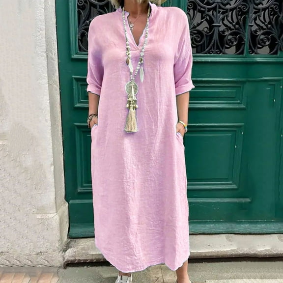 Zedker Plus Size Maxi Dress for Womens Casual Dresses Winter Elbow Sleeves Long Dress, PinkXXL