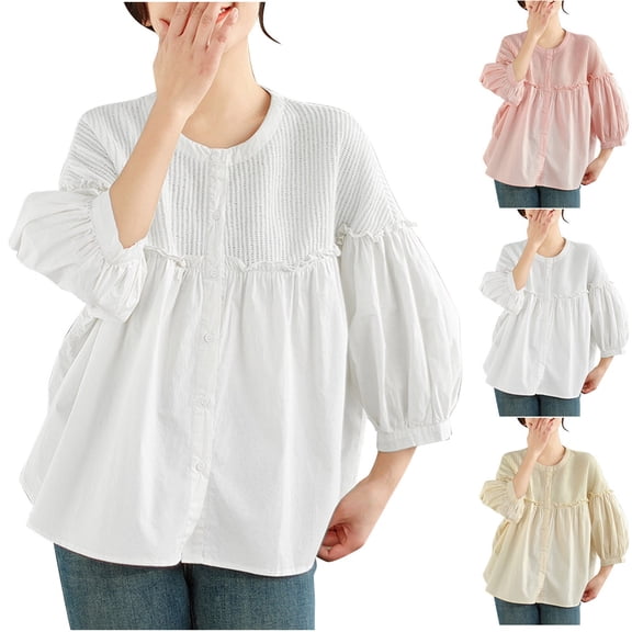 Zedker Plus Size Tops for Women Long Sleeve Crew Neck Casual Loose Peplum Tops Blouses Tunics Beige XXL