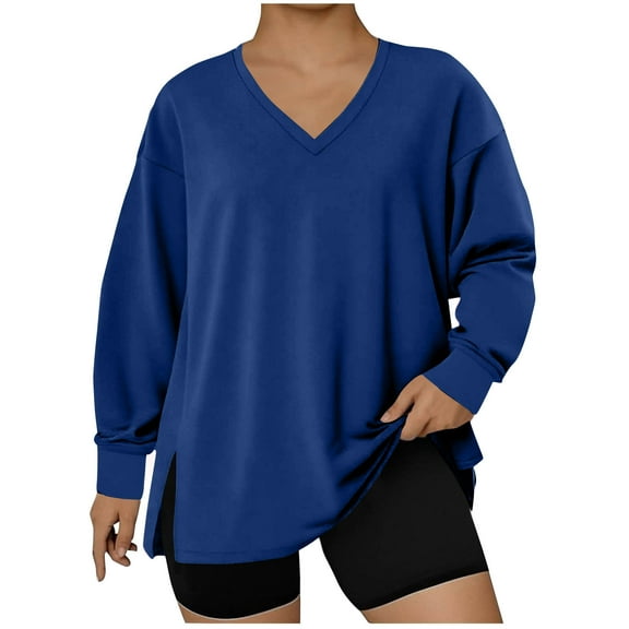 Zedker Plus Size Women'S Solid Color V-Neck Knitted Sweaters, Slim Long Sleeve Tops with Side Slits, Casual Stretch Fabric Blouses for Fall,Blue,XXL